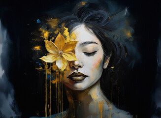Poster - A serene woman with eyes closed, a golden flower obscuring one eye, drips of gold paint cascading down her face.  The dark background enhances the ethereal beauty of the artwork.