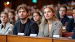 © milenialdesastudio - Young man and woman attentively listening to a lecture in a large auditorium.