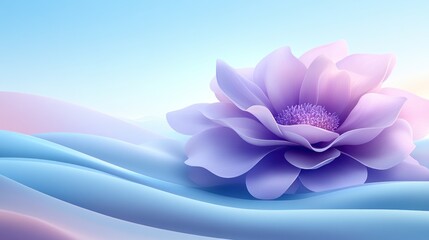 Wall Mural - Pastel purple flower on flowing blue fabric.