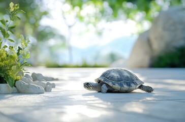Poster - Turtle Moving Slowly on a Path Surrounded by Greenery and Soft Natural Light in an Outdoor Environment with Stone and Plants