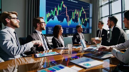 Fototapete - Business team collaborates in modern office using hologram and HUD technology for strategic planning