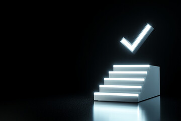 Aufkleber - A glowing illuminated staircase with a floating checkmark above, symbolizing progress, achievement, and success in a dark abstract space.