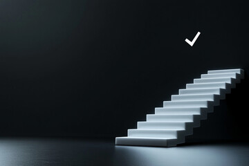Aufkleber - Glowing illuminated staircase with a checkmark above, symbolizing success, approval, and positive achievement, in a dark minimalist environment.