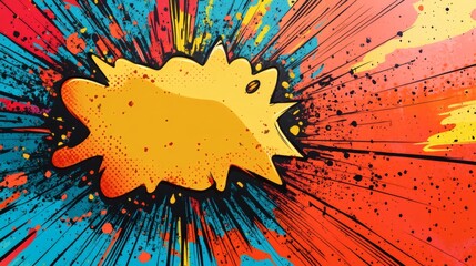 Poster - Exploding comicstyle speech bubble bold red yellow and blue tones surrounded by sharp lines and vibrant color flashes creating an energetic popart background