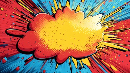 Fototapete - Exploding comicstyle speech bubble bold red yellow and blue tones surrounded by sharp lines and vibrant color flashes creating an energetic popart background