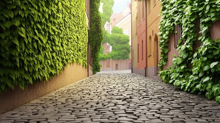 Wall Mural - Serene cobblestone alley with lush green vines