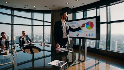 Aufkleber - Futuristic business meeting with holographic presentations highlighting data and analysis in a high-rise conference room