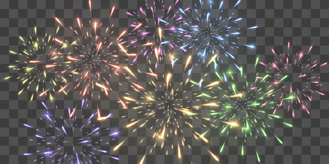 Wall Mural - Festive fireworks with brightly shining sparks. Holiday fireworks. Realistic sparks and explosions. Colorful pyrotechnics show. Vector isolated on png background