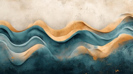Poster - Flowing waves teal and warm beige with a grainy texture and noise effect creating a modern and stylish abstract background