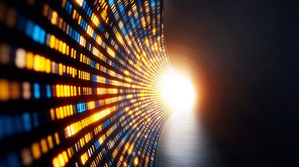 Poster - Glowing Digital Tunnel Orange and Blue Particles Leading to Bright Light