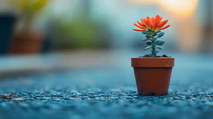 Aufkleber - A small orange flower blooms in a terracotta pot, set against a blurred outdoor background
