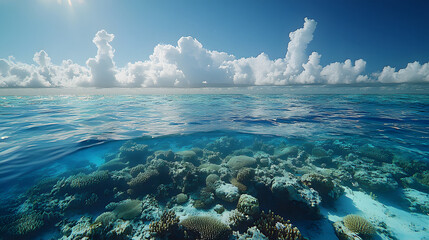 Poster - Vibrant underwater scene showcasing coral reefs beneath crystal-clear ocean waters, with fluffy clouds above on a sunny day
