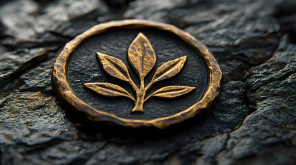 Poster - A close-up of a bronze emblem featuring a leaf design on a textured stone surface, symbolizing nature and growth
