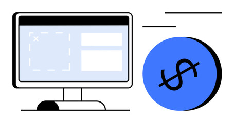 Computer monitor displaying software interface with a dollar sign icon. Ideal for fintech, e-commerce, online business, digital marketing, web development, finance, and investment concepts. Abstract