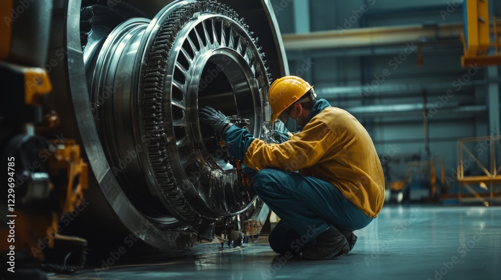 Maintenance crew performing routine inspection on a gas turbine ...