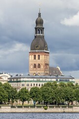 Historic centre with the banks of the Daugava river or Western Dvina, with Riga Cathedral, Riga, Latvia, Europe