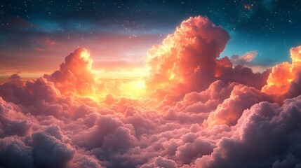 Poster - Fluffy clouds drifting across soft pastel sky filled with twinkling stars and glowing light creating a vibrant celestial scene with a dreamlike and peaceful atmosphere