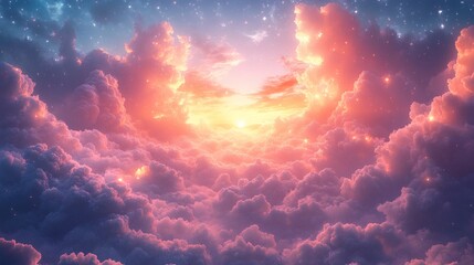 Poster - Fluffy clouds drifting across soft pastel sky filled with twinkling stars and glowing light creating a vibrant celestial scene with a dreamlike and peaceful atmosphere