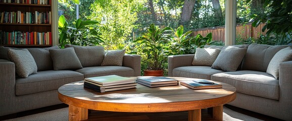 Wall Mural - Sunlit living room with gray sofas, wooden coffee table, books, and lush greenery view.