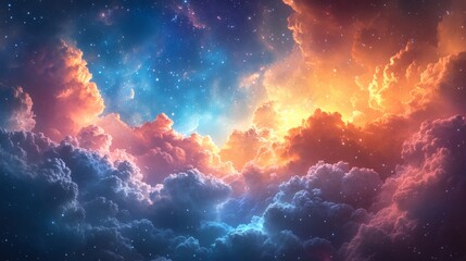 Poster - Fluffy clouds soft blue and white floating on a pastel rainbow sky with sparkling stars glowing brightly creating a peaceful yet vibrant atmosphere of calm and wonder