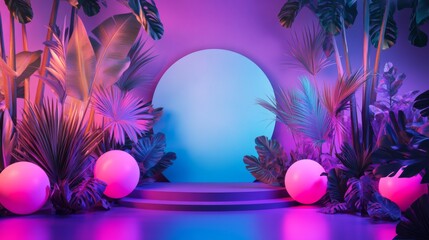 Wall Mural - neon tropical plants display - vibrant jungle aesthetic