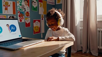 Poster - Child engages in interactive learning with computer in colorful room