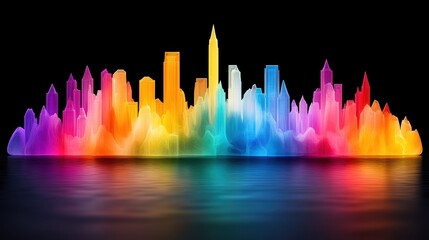 Sticker - Vibrant Rainbow Cityscape at Night with Water Reflection