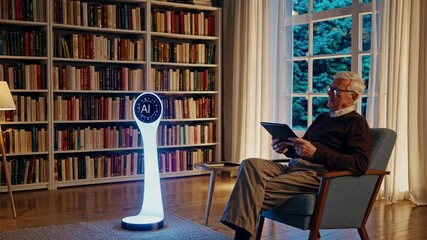 Poster - elderly man interacts with futuristic hologram in a cozy library setting