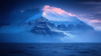 Wall Mural - majestic snow-capped mountain peak shrouded in mist at sunset, overlooking a calm ocean.