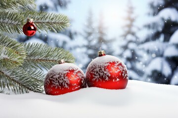 Poster - Red christmas balls with frost decorations are lying on the snow in a forest, near snowy pine branches