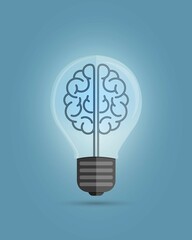 Poster - Light bulb with a brain inside, creating ideas, creative thinking concept. Vector illustration over blue background