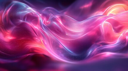 Fototapete - Futuristic abstract art design featuring 3D magenta tones flowing glass shapes with neon wave background effects for a hightech look