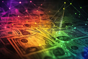 Poster - An illustration of the cryptocurrency or digital money concept. A double exposure of US Dollar banknotes and an abstract digital code background, highlighting Fintech innovation