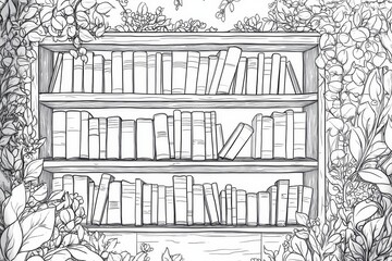 Canvas Print - Ornate Bookshelf Illustration with Floral Accents