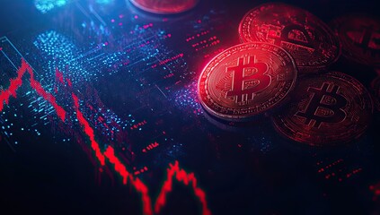 Poster - Bitcoin is depicted with a red chart indicating a downturn. This background concept of crypto and Bitcoin  trading features a golden Bitcoin amidst international coins and an abstract red market data