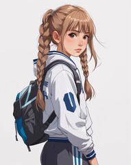 Wall Mural - teen female curious braided light brown hair summer dress anime style on plain white background