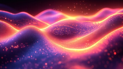 Poster - Futuristic glowing wave patterns neon colors with abstract gradients and dynamic geometric shapes forming a vibrant digital wallpaper