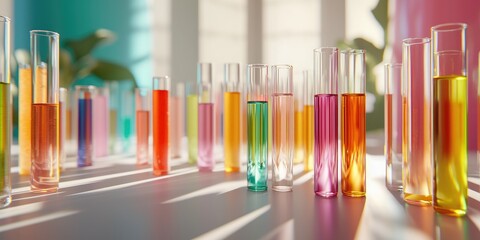 Aufkleber - test tubes filled with vibrant liquids in a modern laboratory, symbolizing innovation in scientific research, neutral background