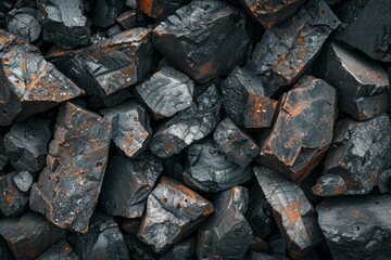 Poster - Close up view of a pile of dark rocks with brown highlights, forming a rough and textured background
