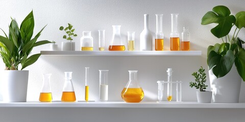 Poster - An organized laboratory space showcasing various test tubes and scientific instruments, representing advancement in research, neutral background