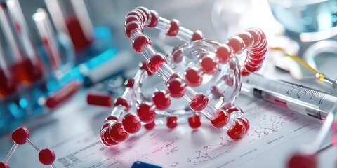Poster - Transparent DNA model surrounded by lab tools and data sheets, symbolizing the essence of DNA sequencing in genetic study
