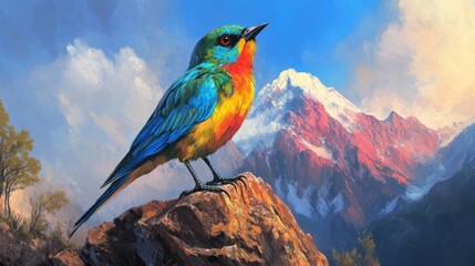 Canvas Print - Colorful Bird Perched on a Rocky Mountain Peak