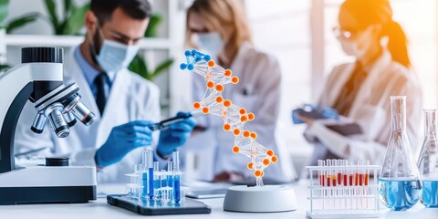 Poster - Detailed laboratory setting with forensic specialists analyzing DNA samples, neutral background, showcasing high-tech equipment and lab protocols