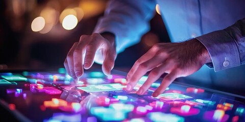 Poster - Forensic analysis in a crime lab with professionals examining evidence under ultraviolet light, neutral background, highlighting precision and attention to detail