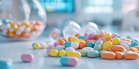 Poster - close-up of drug formulation process in a laboratory, colorful capsules and vials, researchers in lab coats, clean workspace, neutral background