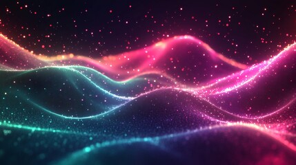 Fototapete - Geometric shapes neon green and pink with glowing gradients and smooth wave textures forming a dynamic and futuristic background