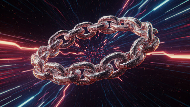 A three-dimensional representation of a luminous blockchain chain rotates against a dynamic cyberspace backdrop