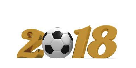 Leinwandbilder - Golden 2018 with a soccer ball on a white background, 3d rendering