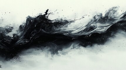 Poster - Ink brush strokes splashing chaotically a white background forming random yet harmonious abstract shapes with sharp contrasts and fluid movements