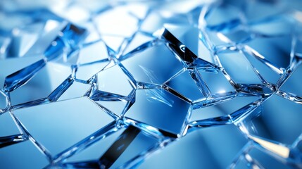 Fototapete - Jagged blue shards of glass scattered randomly across light abstract background forming sharp geometric patterns with reflective surfaces and glowing highlights